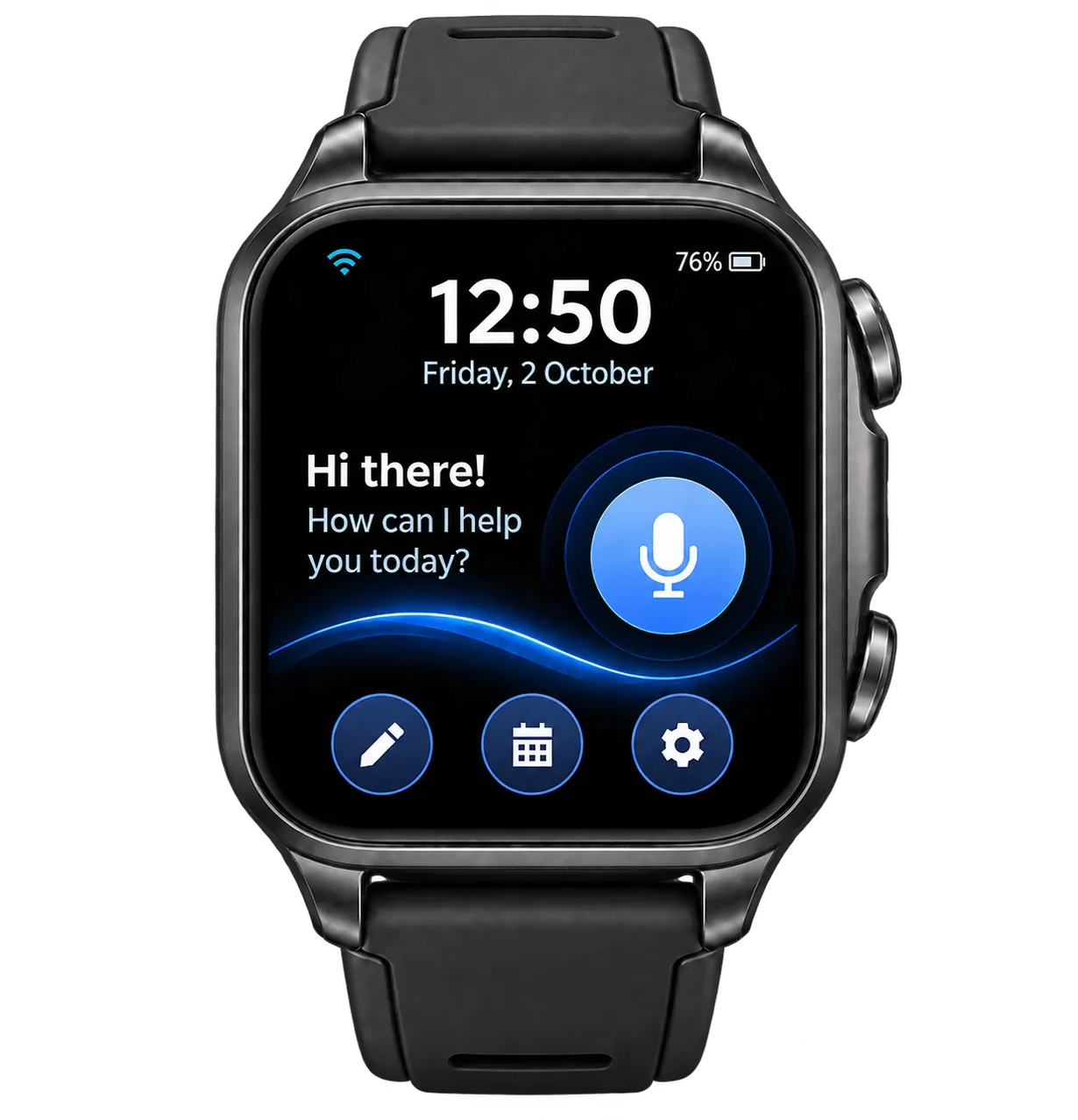 olacompanion home screen: time, “Hi there! How can I help you today?” and the mic button (illustration)