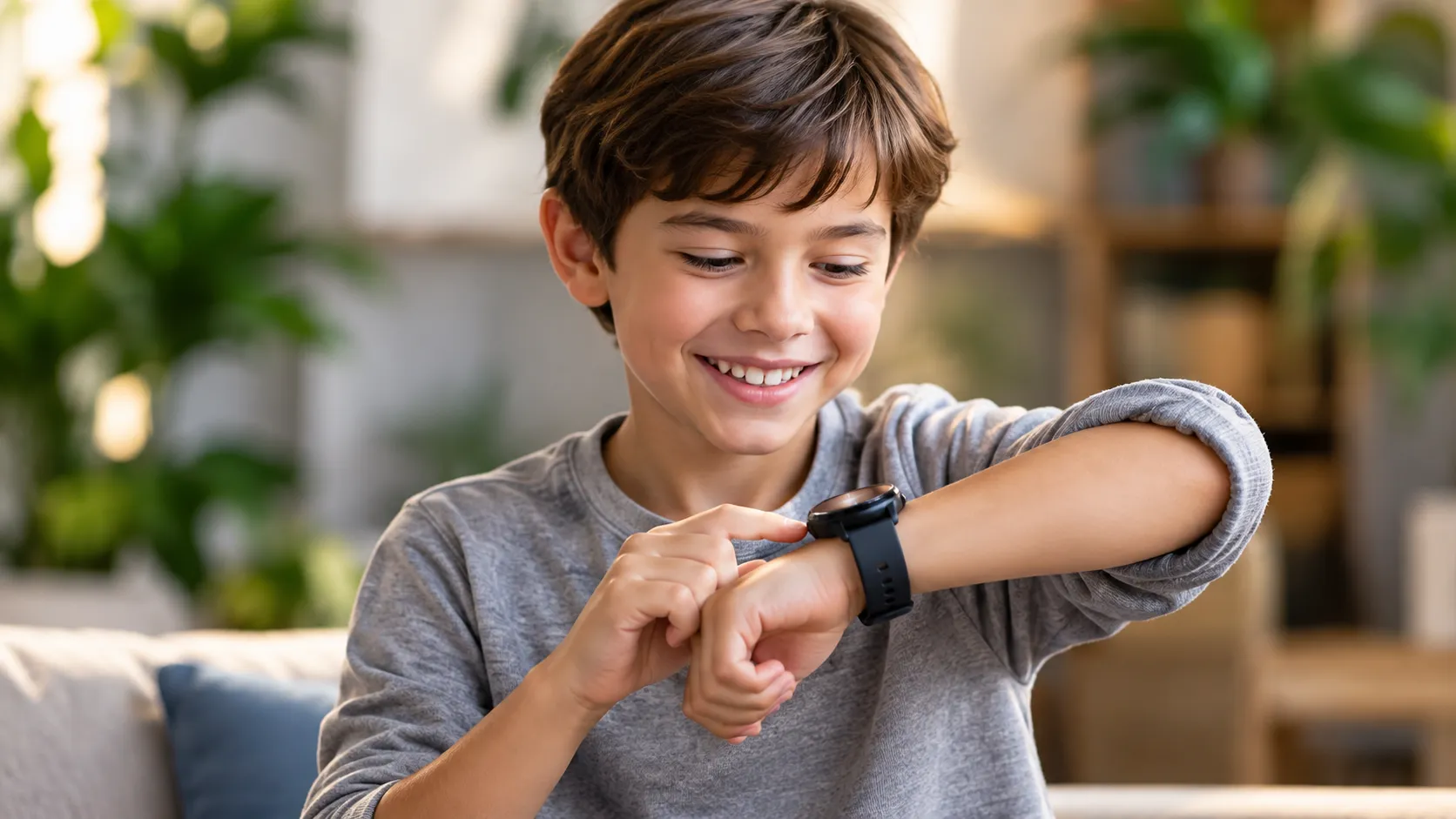 A boy tapping the watch on his wrist (illustration)