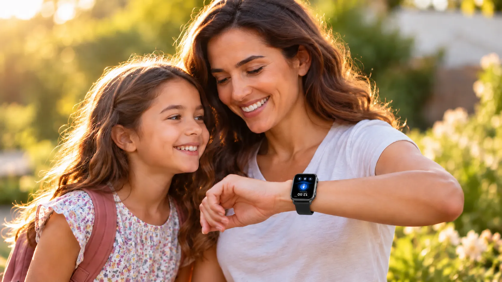 A mother and daughter smiling at the watch (illustration)